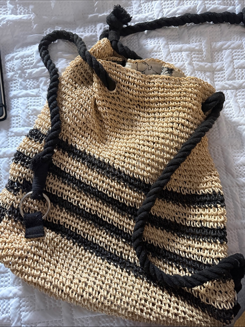 Woven Straw Drawstring Tote Bag with Black Rope Straps